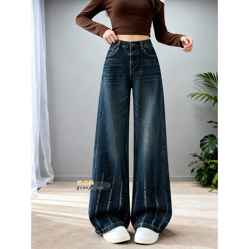 加绒复古烫钻设计阔腿牛仔裤女2026春季新款遮跨显瘦高腰直筒长裤,女装/女士精品,牛仔裤,淘宝优惠券,粉丝福利购,淘宝优惠卷