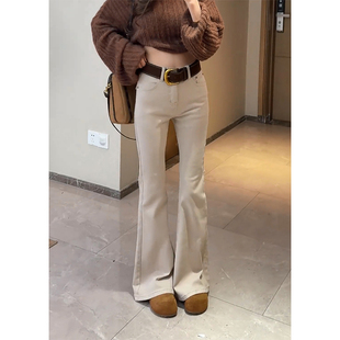 高腰显瘦百搭休闲拖地裤 加绒卡其色气质微喇牛仔裤 女2025秋冬新款