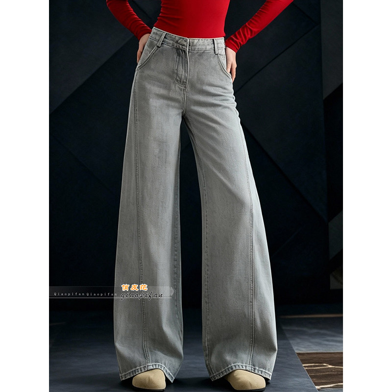 复古设计灰色高腰阔腿牛仔裤女2026春季新款垂感拖地宽松直筒长裤,女装/女士精品,牛仔裤,淘宝优惠券,粉丝福利购,淘宝优惠卷