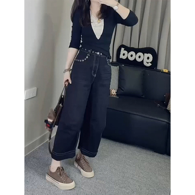 小个子复古高腰阔腿牛仔裤女2025