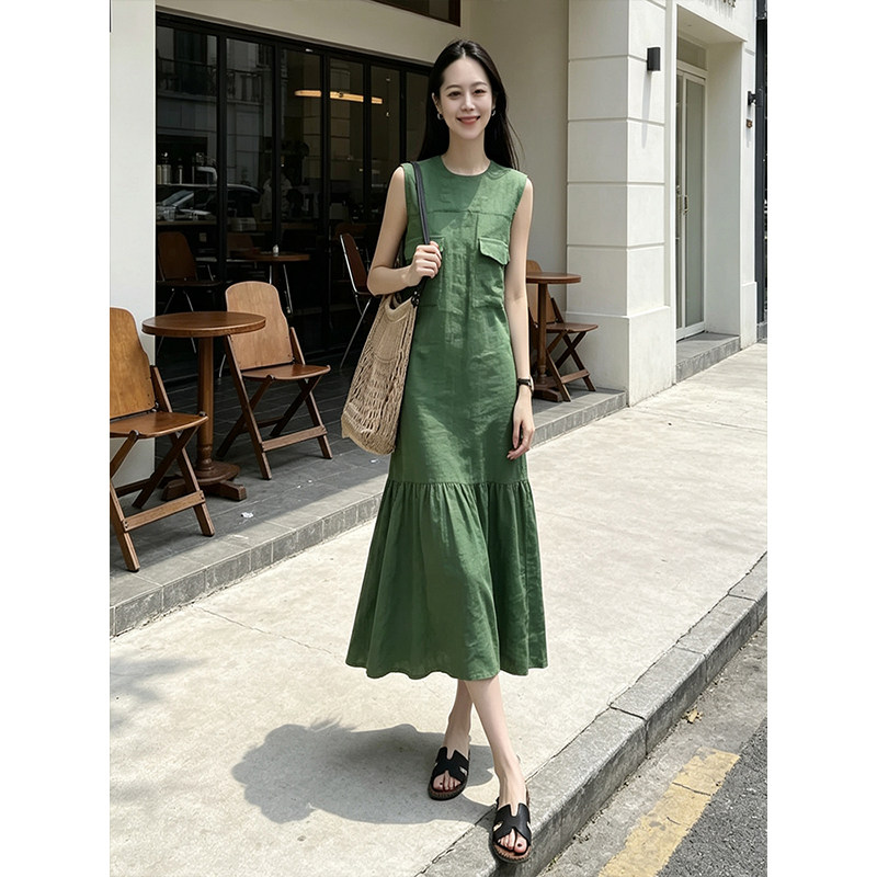 绿色无袖高端大气上档次连衣裙女图片