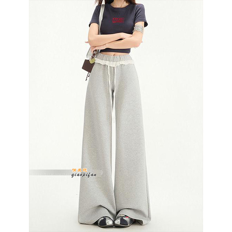 美式慵懒灰色花边垂感阔腿裤女2026春季新款松紧腰抽绳宽松休闲裤,女装/女士精品,休闲裤,淘宝优惠券,粉丝福利购,淘宝优惠卷