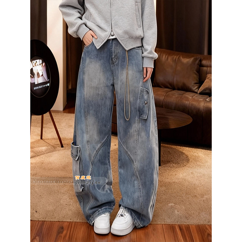 美式复古工装设计感多口袋牛仔裤2026春季宽松百搭显瘦阔腿弯刀裤,女装/女士精品,牛仔裤,淘宝优惠券,粉丝福利购,淘宝优惠卷