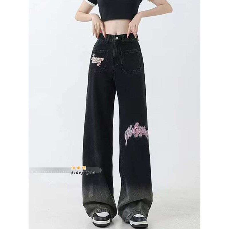 时尚黑色渐变刺绣直筒牛仔裤女2026春季新款高腰阔腿宽松显瘦长裤