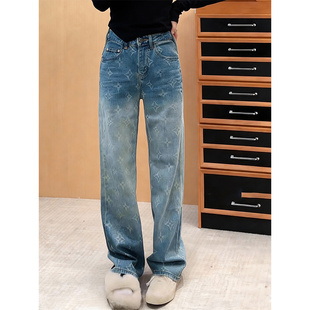 蓝色百搭直筒长裤 高腰显瘦时尚 女2025冬季 复古高腰直筒阔腿牛仔裤
