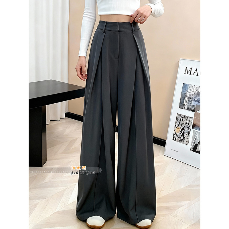 极简风设计感褶皱高腰阔腿裤女2026春季新款宽松垂感直筒休闲长裤,女装/女士精品,休闲裤,淘宝优惠券,粉丝福利购,淘宝优惠卷