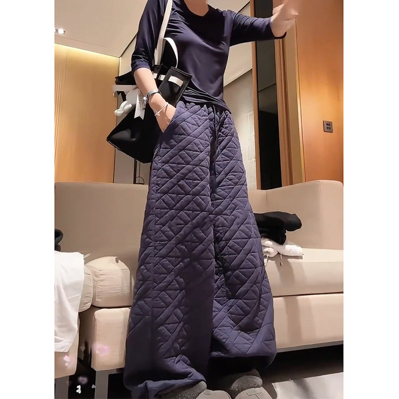 2025秋冬不规则菱格压线加厚棉裤女阔腿松紧腰休闲显瘦外穿长裤