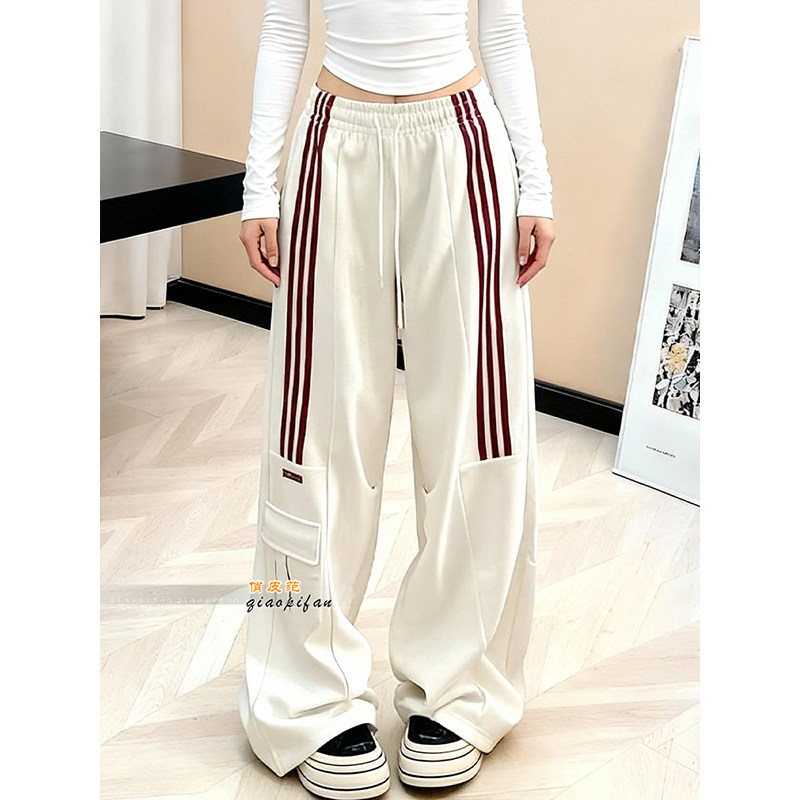 美式复古三条杠垂感抽绳阔腿裤女2026春季新款宽松休闲运动白色裤,女装/女士精品,休闲裤,淘宝优惠券,粉丝福利购,淘宝优惠卷