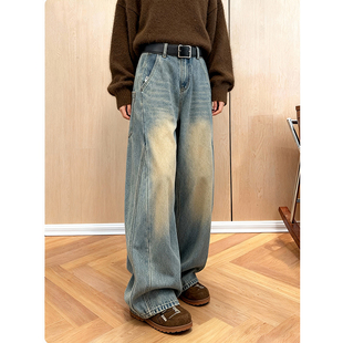 复合绒扎染废土风加绒加厚牛仔裤2025冬季高腰百搭宽松显瘦弯刀裤