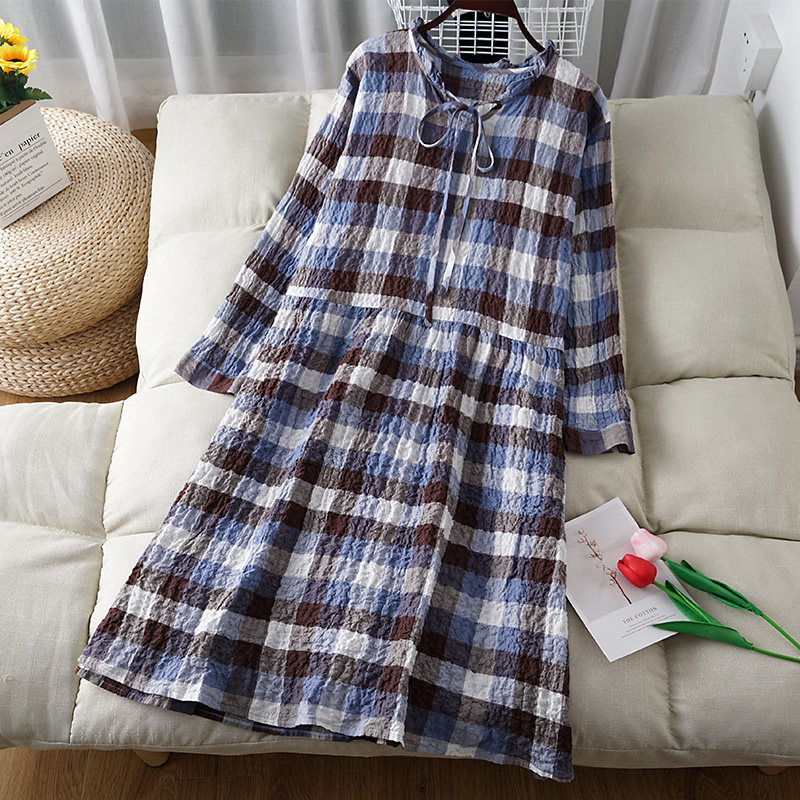 孕妇春夏装透气泡泡纯棉长裤宽松孕妈裙子韩版格子时尚款连衣裙春