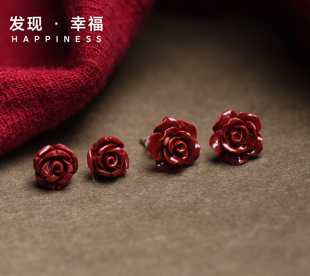 天然原矿朱砂 紫金砂玫瑰花耳钉925银镶嵌保真高含量平安吉祥女士