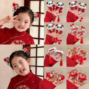 2026马年本命年红色蝴蝶结儿童发夹发饰古风过年头饰女童汉服配饰