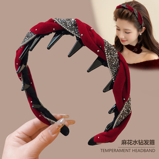 红色丝绒水钻麻花高颅顶发箍女款 防滑头箍洗脸发卡 高级感洋气时尚