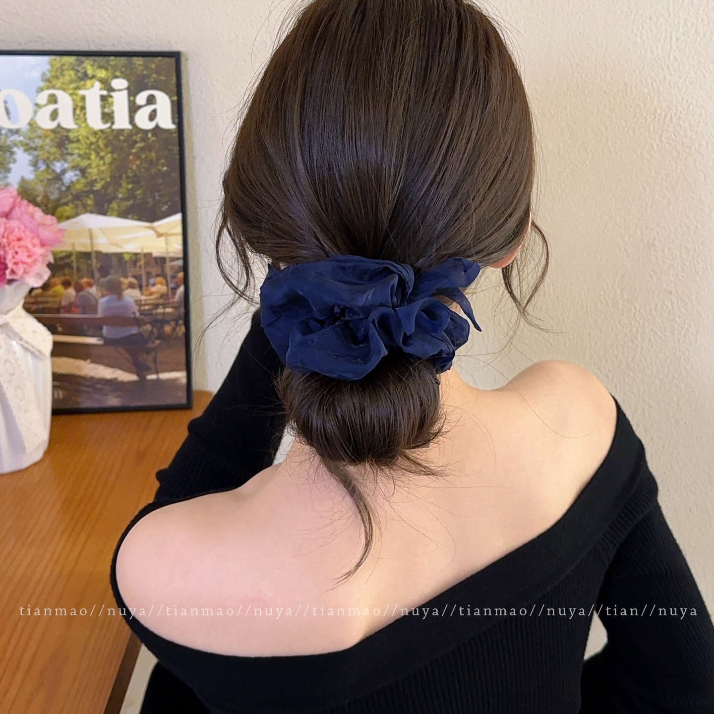 蓝色网纱头花大肠发圈女高级感