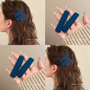 复古蓝色毛呢刘海发夹女2025新款高级感侧边流海发卡前额少女bb夹