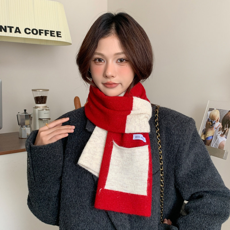 羊毛混纺针织毛线纯色拼色口袋新款男女通用围脖领巾秋冬季保暖