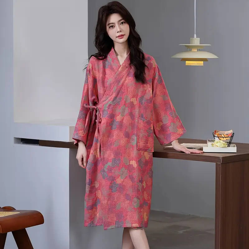 睡袍女纯棉双层纱布提花浴袍春秋薄款日系和服睡衣吸水浴衣汗蒸服