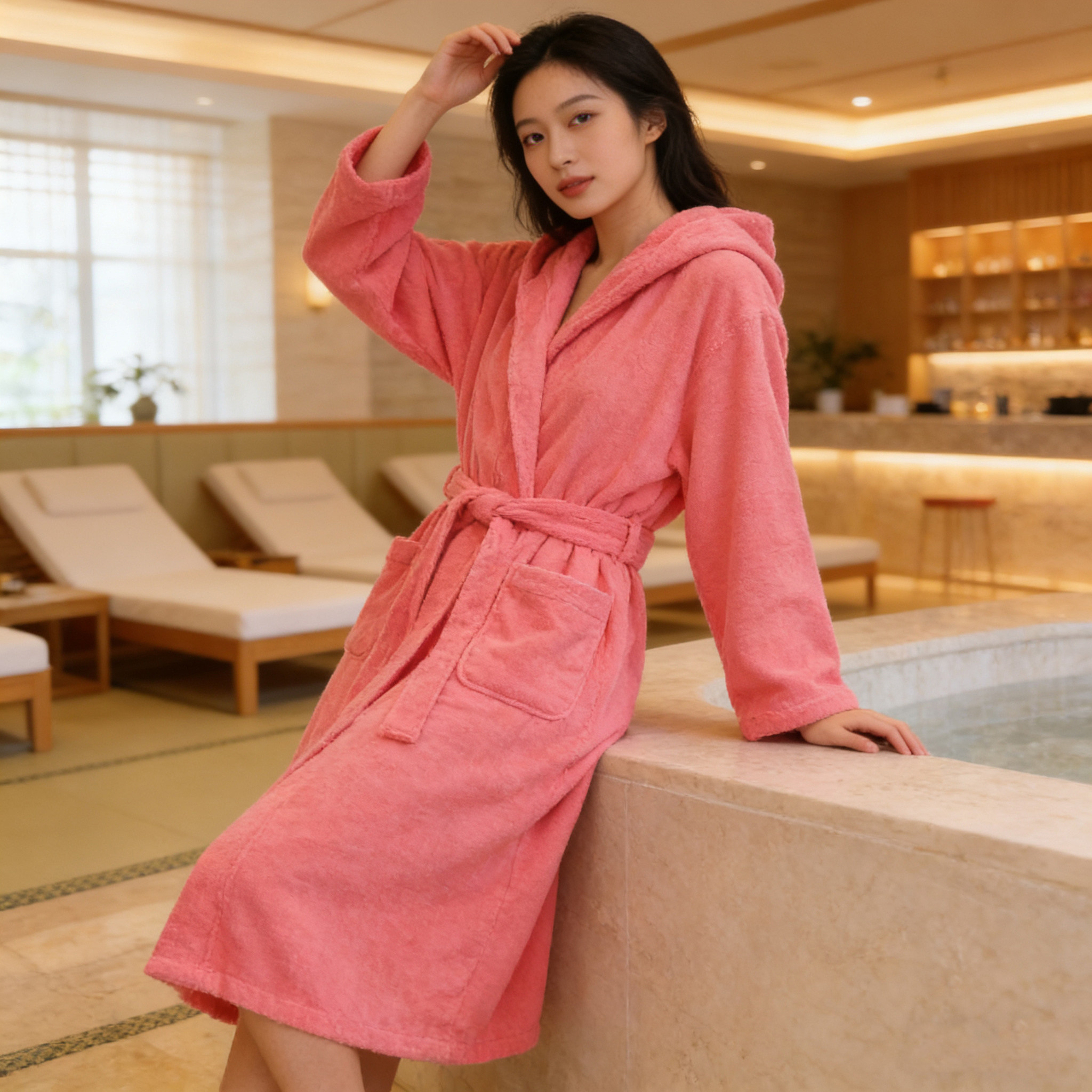 纯棉浴袍女男士睡袍春秋夏季吸水速干晨袍毛巾料沐浴衣温泉带帽