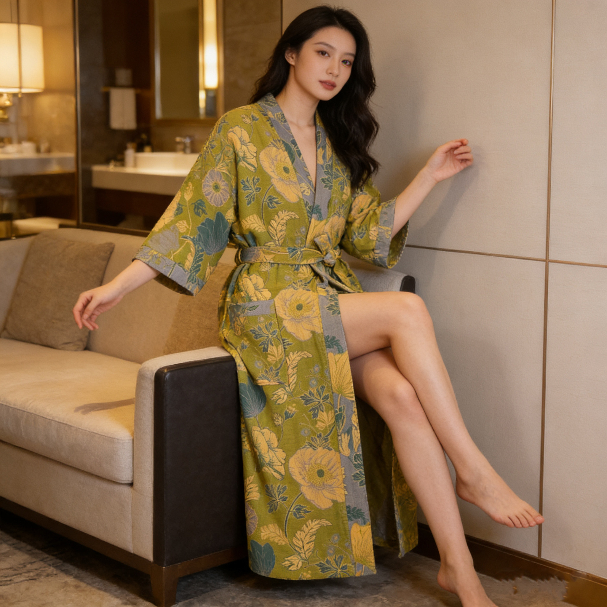 浴袍纯棉双层纱春秋冬季睡袍情侣家居服色织提花吸水速干浴衣大码