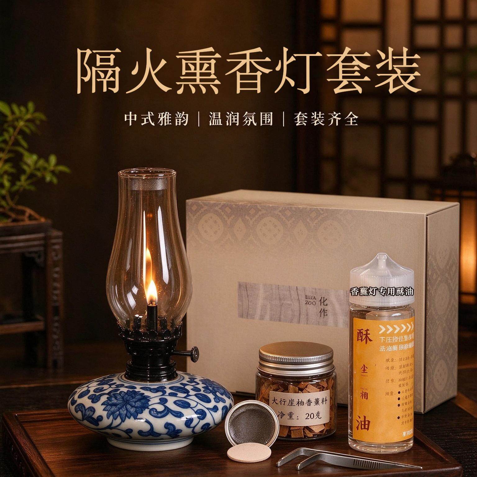 酥油灯香薰沉香景德镇陶瓷青花摆件礼盒生日礼物节日送长辈灯盏