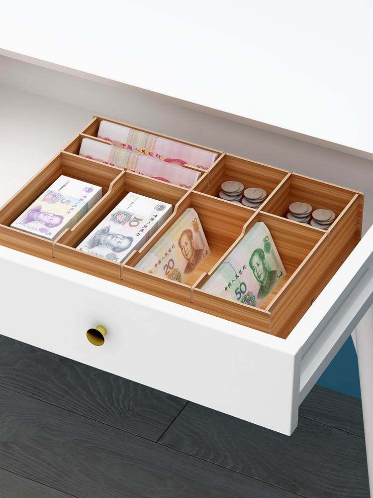 零钱收纳盒放钱收的装现金钱匣子分格钱盒收银盒子格子收钱盒纸币