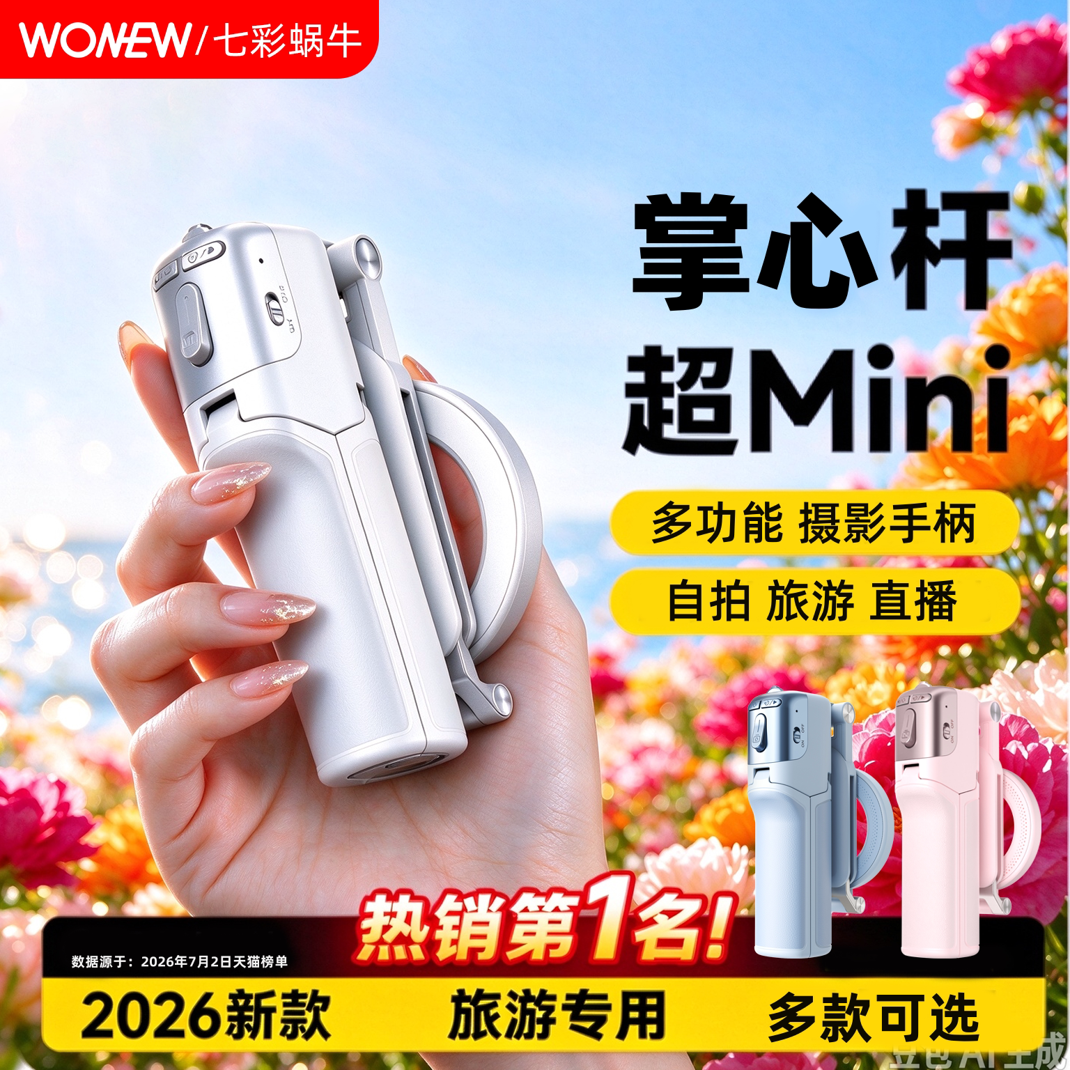 wonew七彩蜗牛手持自拍杆2026新款迷你变焦磁吸手机自拍专用三脚架旅游拍照轻便手柄稳定器旋转神器手机支架