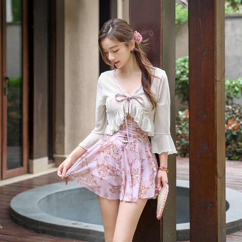 2025新款绝美高级优雅气质连体显瘦遮肉吊带长袖罩衫泡温泉泳衣女