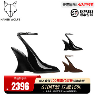 Naked Wolfe英国潮牌/Ronnie尖头高跟女鞋新款牛皮漆皮坡跟凉鞋
