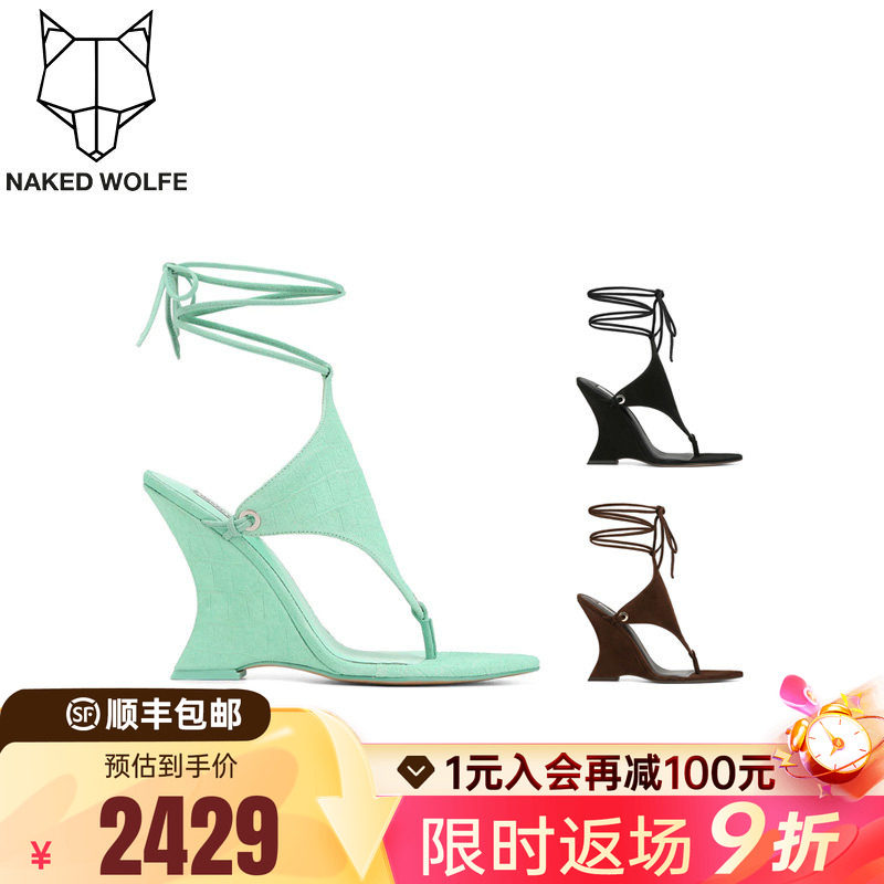 Naked Wolfe英国潮牌/Rampage夹趾脚绑带异形坡跟时装时尚凉鞋女 - 实物图