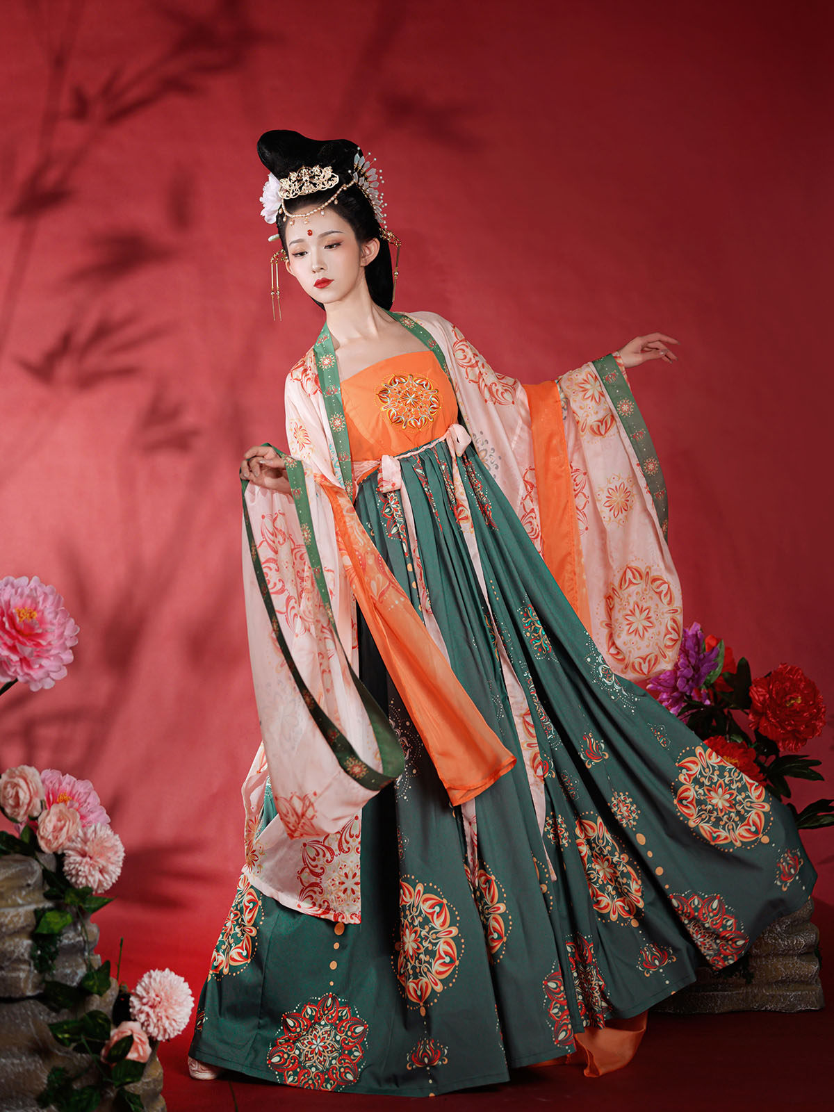 倚梦阁原创柳雾花烟汉服女唐制诃子裙大袖衫披帛刺绣印花夏季套装