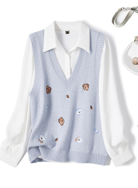 2025秋装胖mm大码刺绣卡通叠穿针织马甲打底衬衫套装68676+62158