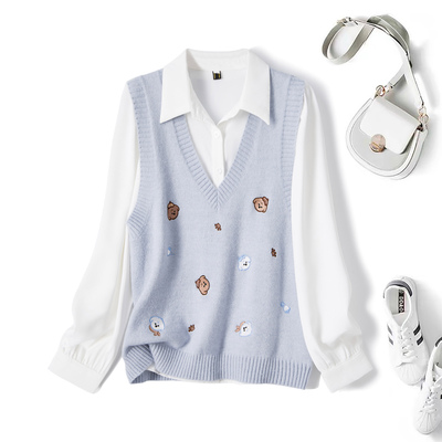 2025秋装胖mm大码刺绣卡通叠穿针织马甲打底衬衫套装68676+62158