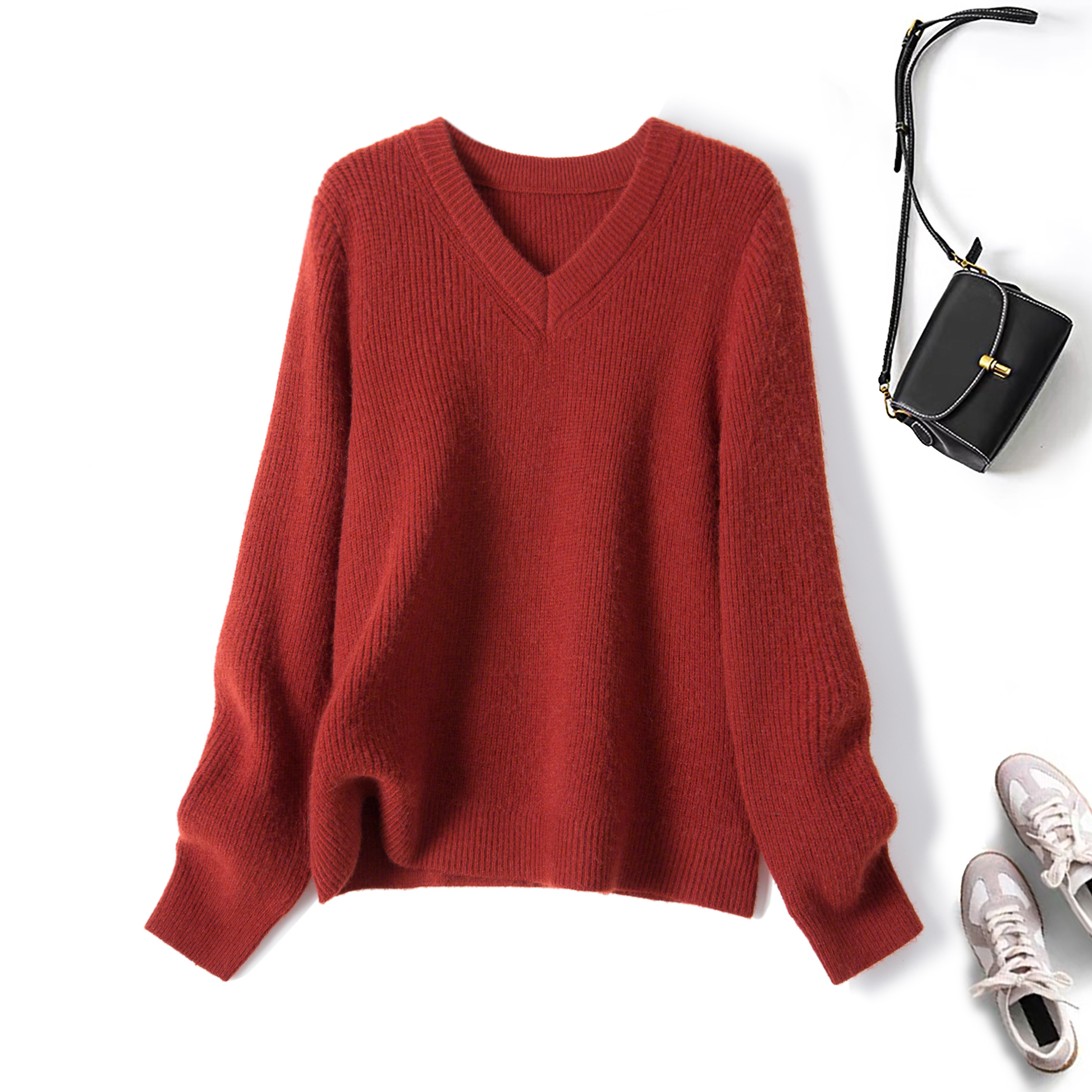 2025秋冬大码新款韩版宽松V领打底毛衣软糯甜美套头针织衫68729