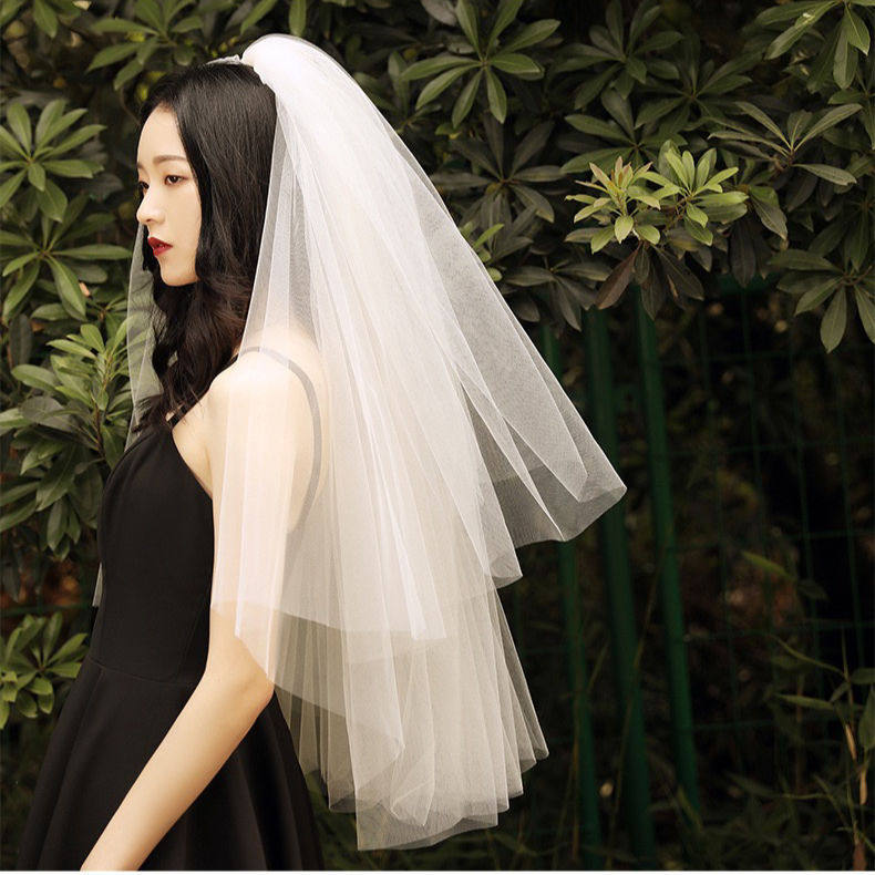 求婚女生头纱新娘2023婚纱头饰双层素纱简约旅拍照道具女网红