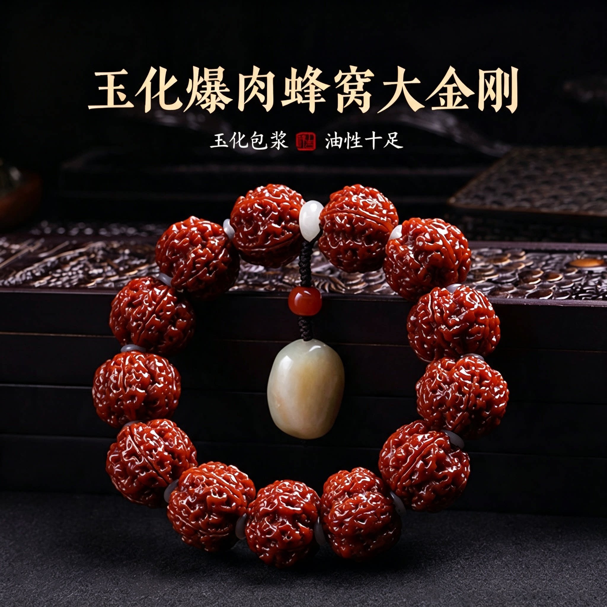 尼泊尔爆肉大金刚菩提子手串包浆五瓣龙纹文玩原籽男单圈佛珠手链