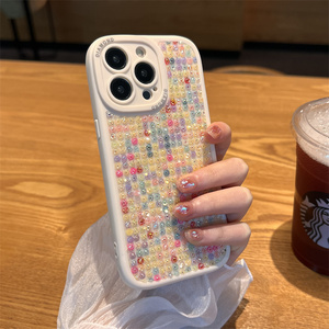 米白满屏彩色钻苹果14手机壳新款iphone14promax高级感14plus苹果13套12全包镜头11防摔ProMax女Pro硅胶适用