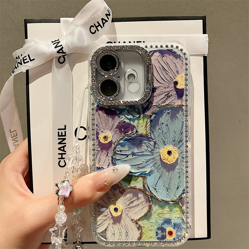 镶钻框蓝紫油画花带链条适用苹果16手机壳新款16promax套iphone15promax防摔16pro硅胶苹果15全包苹果13女14