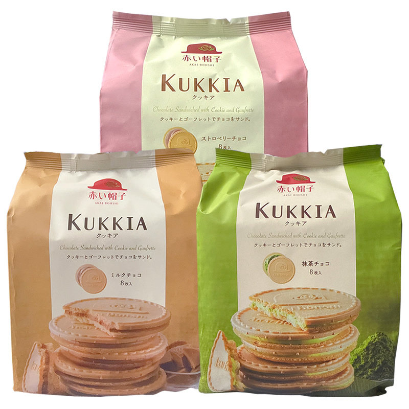 日本进口阡朋红帽子抹茶牛奶草莓巧克力什锦薄脆夹心饼干下午茶