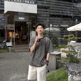 CC黑色圆领色织提花条纹短袖T恤男生2025新款夏季纯棉宽松休闲，男装T恤，星座603-2