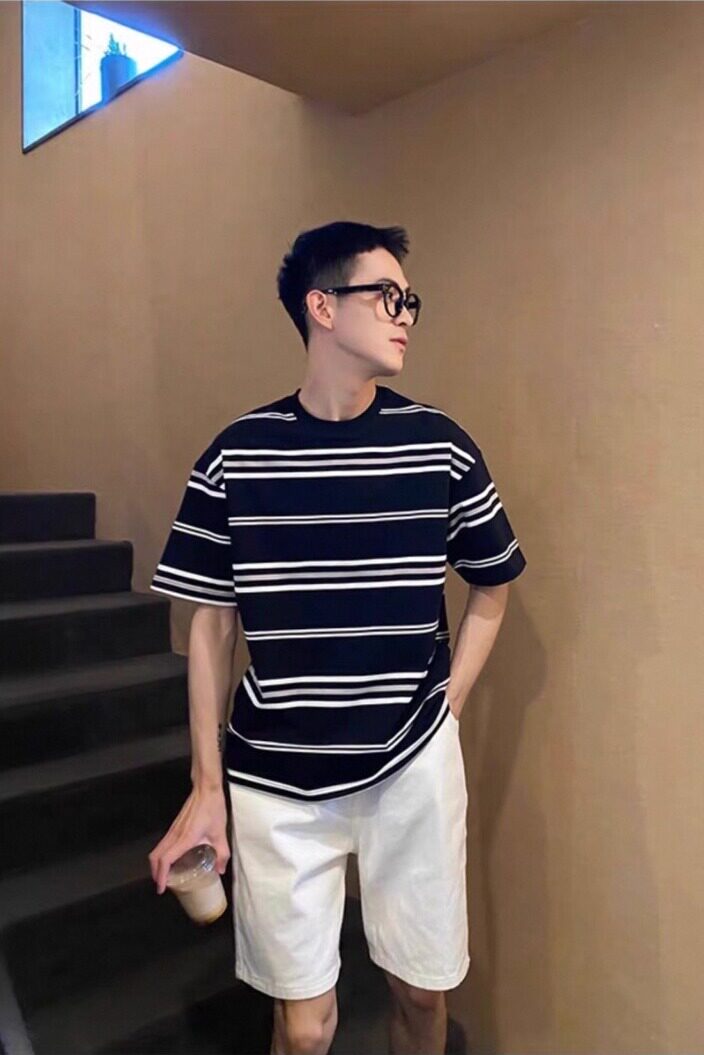 nicktian日系新款黑白条纹t恤男夏季宽松休闲短袖半袖体恤百搭,男装T恤,星座603-2