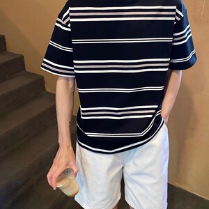 nick tian 日系新款黑白条纹t恤男夏季宽松休闲短袖半袖体恤百搭图片