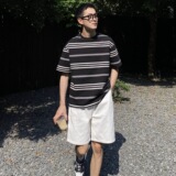 nicktian日系新款黑白条纹t恤男夏季宽松休闲短袖半袖体恤百搭，男装T恤，星座603-2
