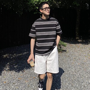 nick tian 日系新款黑白条纹t恤男夏季宽松休闲短袖半袖体恤百搭图片