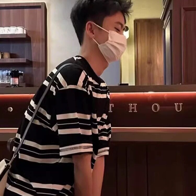日系复古黑白条纹t恤男夏季小领口cleanfit短袖美式纯棉重磅半袖,男装T恤,星座603-2