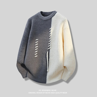 『对白』汉序设计感 秋冬日系复古撞色圆领套头毛衣服针织外套男