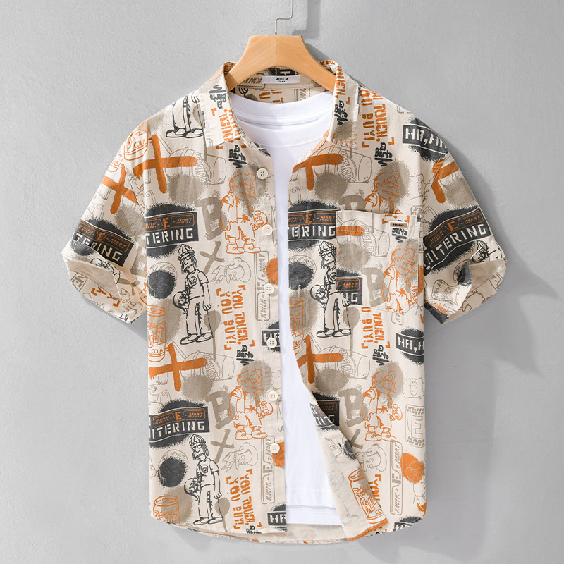 日系潮牌印花纯棉短袖衬衫夏季男装时尚个性休闲宽松流行百搭上衣