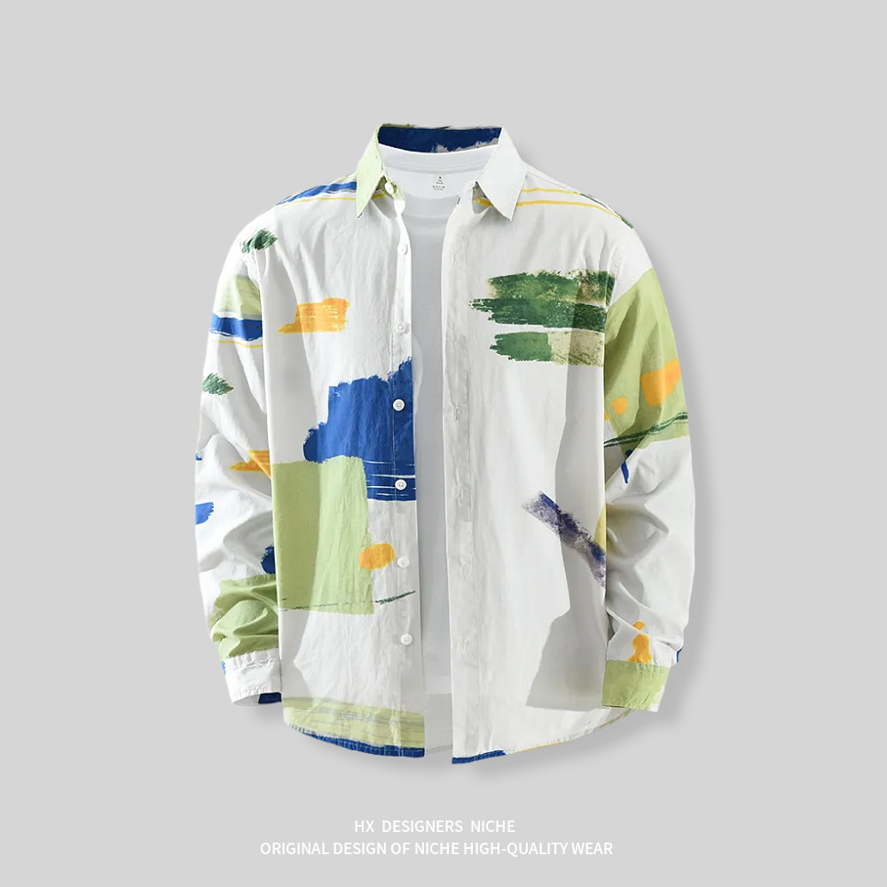 『涂鸦』汉序设计感  春季日系复古长袖衬衫男士纯棉宽松休闲衬衣,男装,汉服,淘宝优惠券,粉丝福利购,淘宝优惠卷