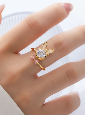 可爱灵动蝴蝶结小兔子开口戒小众轻奢高级感动物食指戒新爆款戒圈