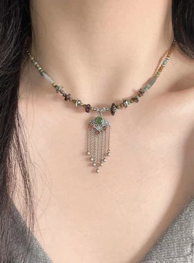 民族风如意流苏玉石平安锁项链女新中式复古国风百搭锁骨链饰品潮