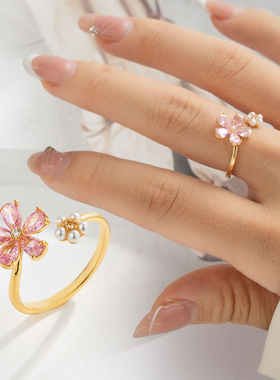 高级感双花朵开口戒指小众轻奢精致食指戒真金电镀爆款可调节戒圈